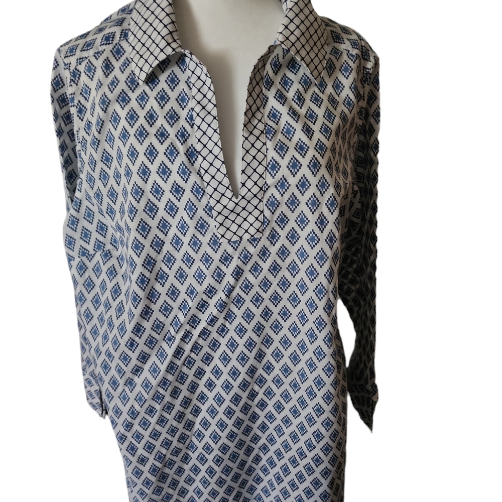Foxcroft Nautical Tunic top blouse Button Down blue white Wrinkle Free 14 preppy